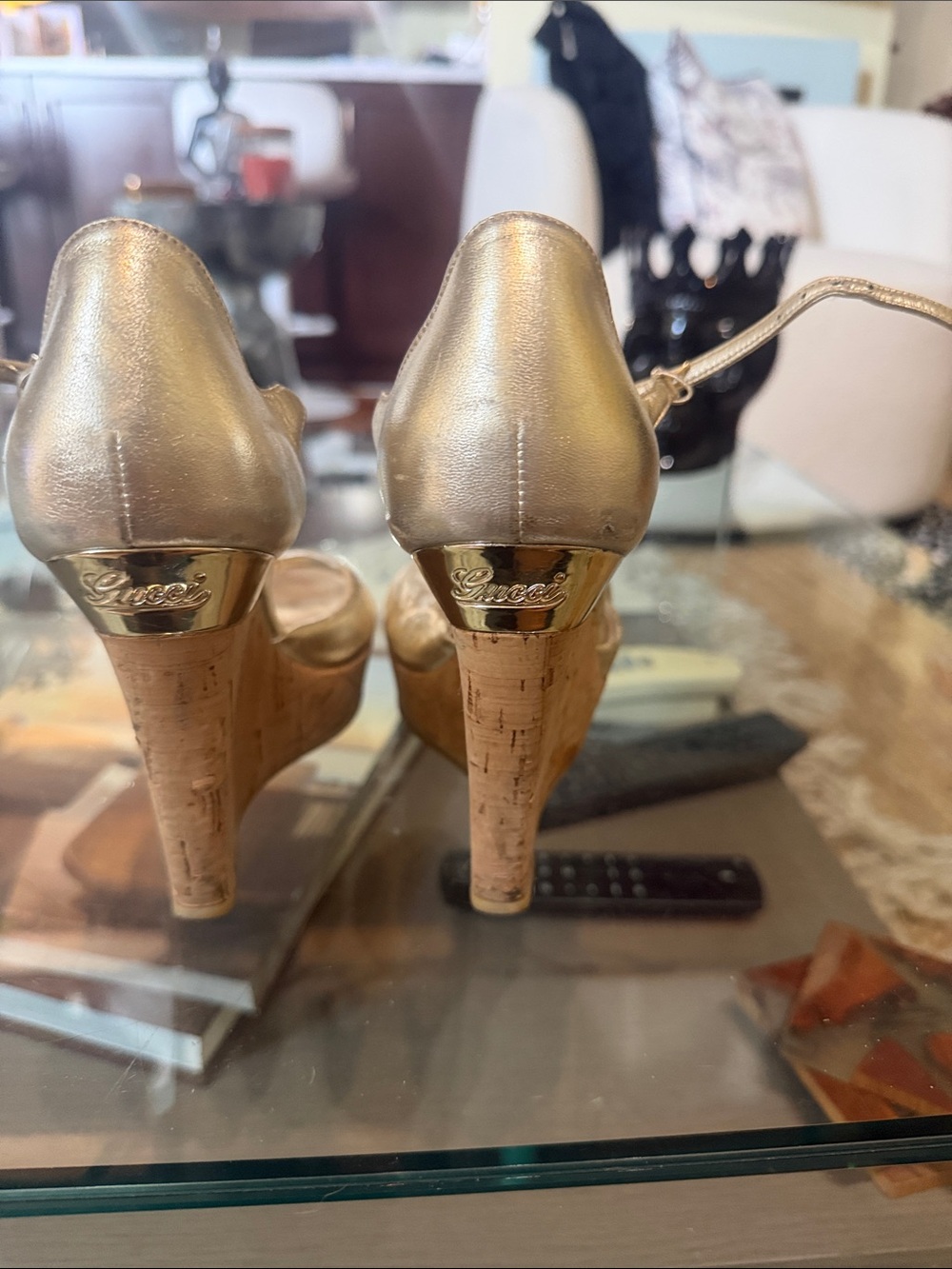 Gucci Metallic Gold Peep-Toe Platform Heels with Bow - Picture 3 of 4
